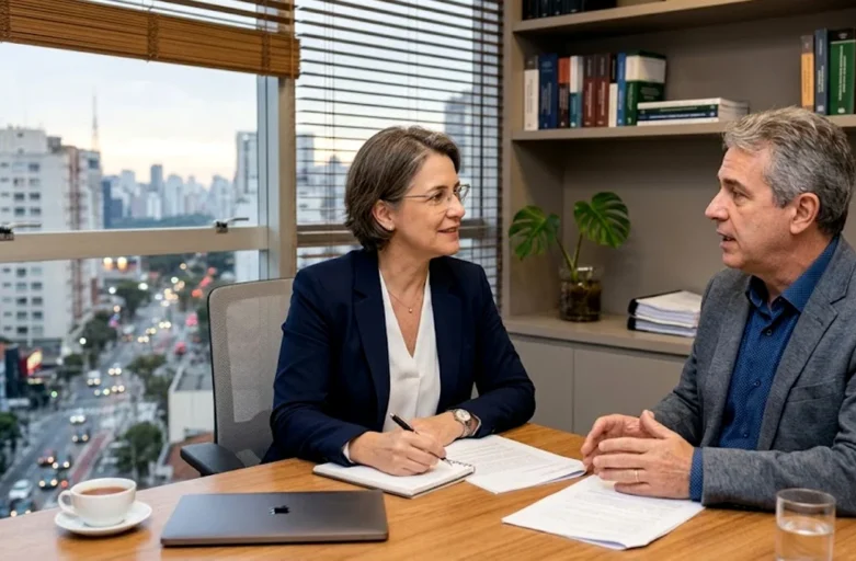 Advogado em reunião consultiva explicando direitos do consumidor sobre fraudes digitais e aluguel de temporada.