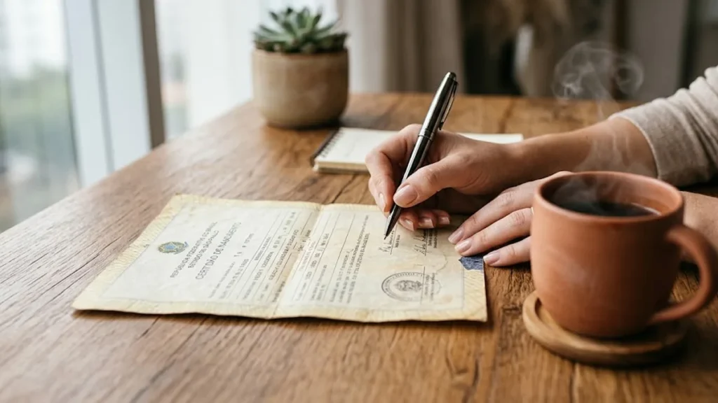 Mãos de uma mulher revisando documentos de registro civil sobre uma mesa de madeira iluminada.