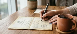 Mãos de uma mulher revisando documentos de registro civil sobre uma mesa de madeira iluminada.