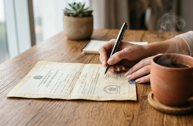 Mãos de uma mulher revisando documentos de registro civil sobre uma mesa de madeira iluminada.
