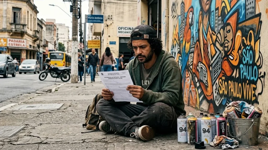 Um artista de grafite sentado ao lado de suas latas de spray, lendo atentamente um documento oficial de notificação de multa.