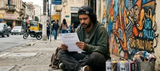 Um artista de grafite sentado ao lado de suas latas de spray, lendo atentamente um documento oficial de notificação de multa.