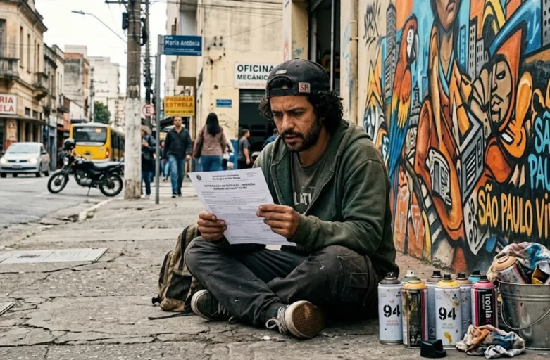 Fui multado por grafite: o que fazer e como se defender legalmente? Um artista de grafite sentado ao lado de suas latas de spray, lendo atentamente um documento oficial de notificação de multa.