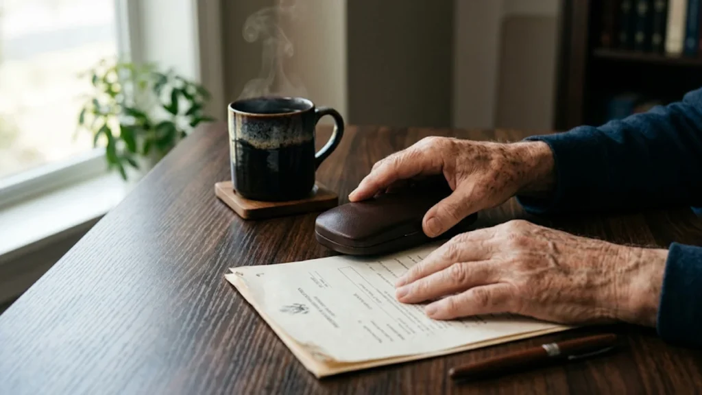 Close-up de mãos de uma pessoa idosa manuseando documentos sobre uma mesa de madeira, representando a busca por direitos previdenciários.