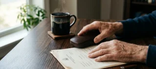 Close-up de mãos de uma pessoa idosa manuseando documentos sobre uma mesa de madeira, representando a busca por direitos previdenciários.