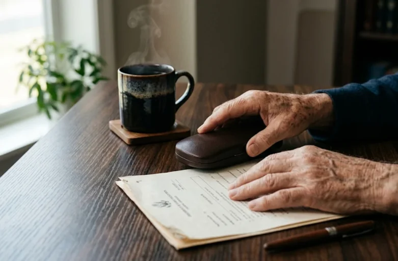 Close-up de mãos de uma pessoa idosa manuseando documentos sobre uma mesa de madeira, representando a busca por direitos previdenciários.
