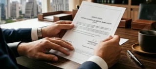 Mãos de advogado segurando documento impresso da CNDT sobre mesa de escritório de madeira escura com xícara de café ao lado.