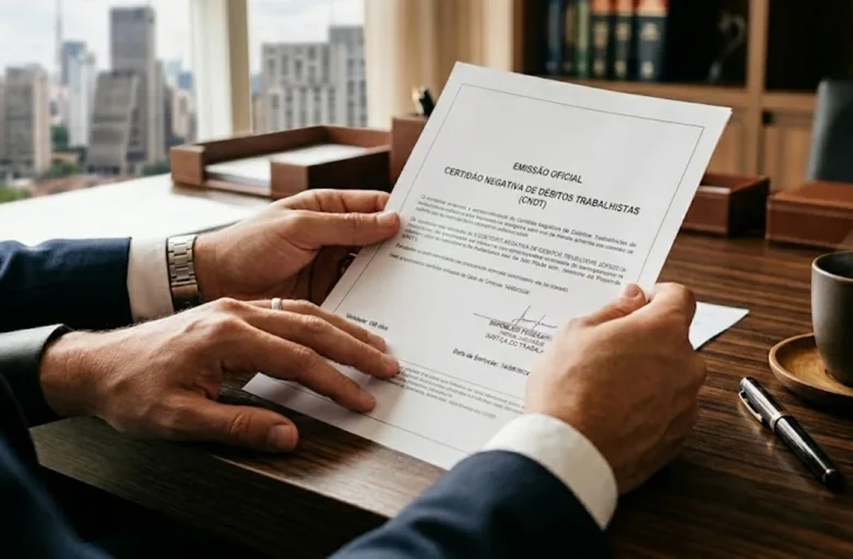 Mãos de advogado segurando documento impresso da CNDT sobre mesa de escritório de madeira escura com xícara de café ao lado.