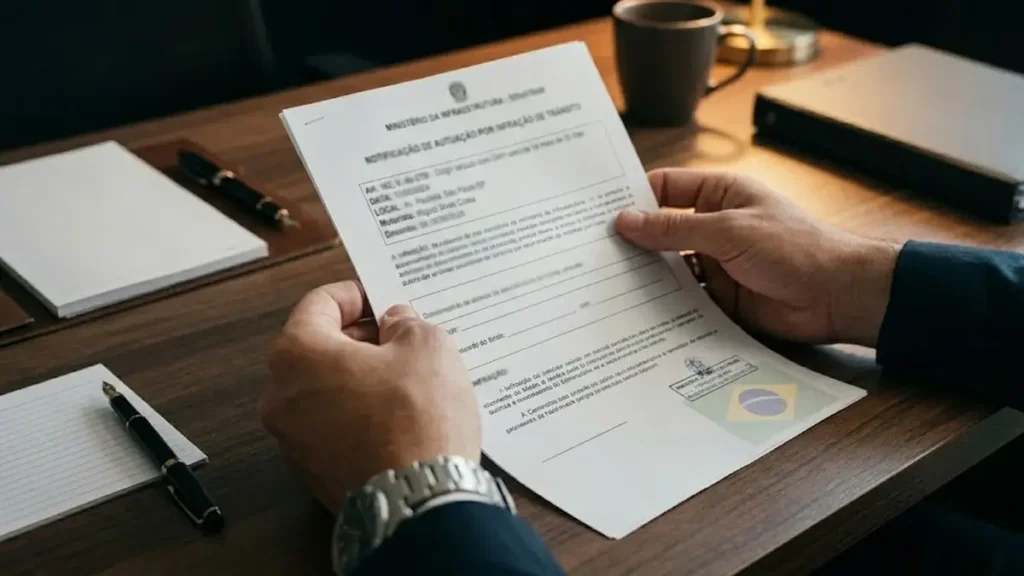 Advogado em São Paulo analisando CNH vencida e documento de multa sobre mesa de escritório para preparar recurso administrativo.