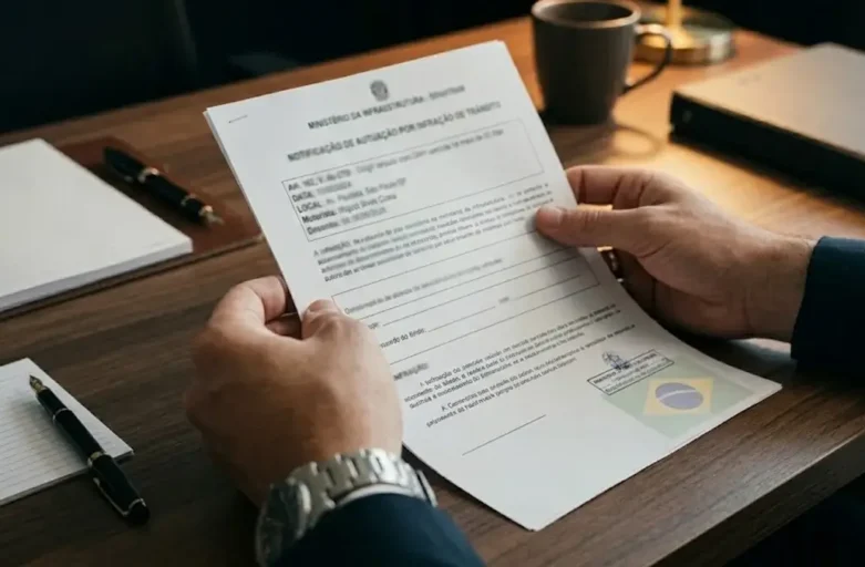 Advogado em São Paulo analisando CNH vencida e documento de multa sobre mesa de escritório para preparar recurso administrativo.