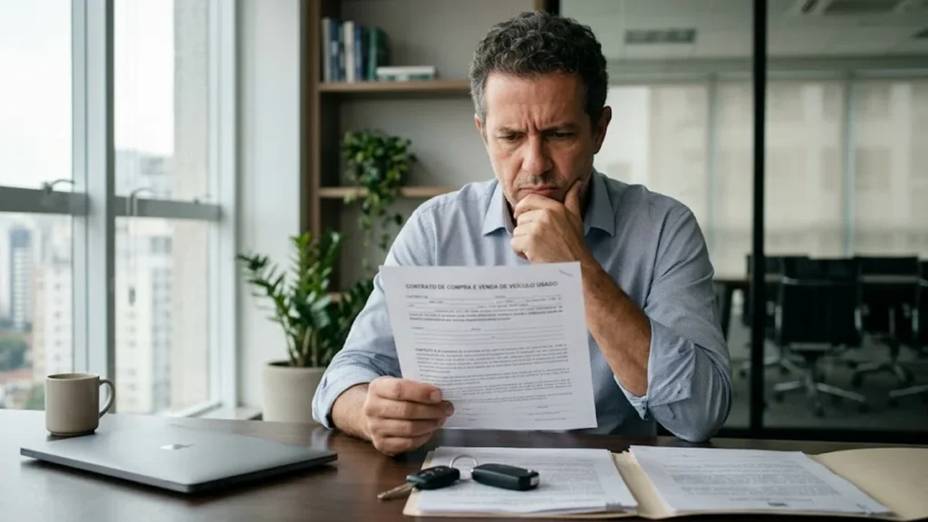 Homem com expressão preocupada analisa documentos e contrato de compra de veículo dentro de um escritório.
