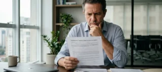 Homem com expressão preocupada analisa documentos e contrato de compra de veículo dentro de um escritório.