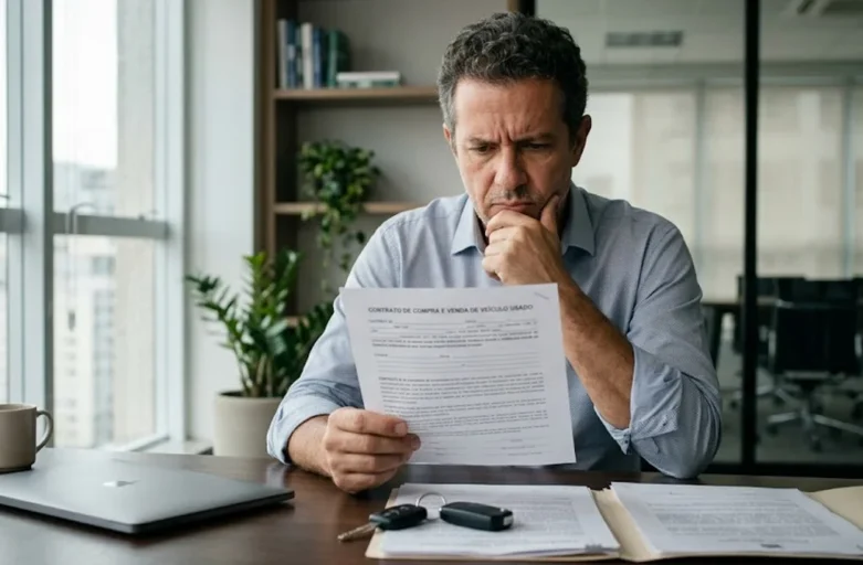 Vendedor Mentiu na Venda do Carro Usado? Veja Como Recuperar seu Dinheiro e Seus Direitos Homem com expressão preocupada analisa documentos e contrato de compra de veículo dentro de um escritório.