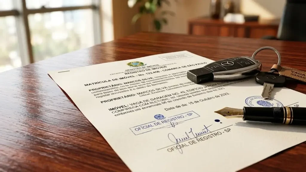 Close-up de documento de matrícula de imóvel e chaves de carro sobre mesa de madeira, representando a verificação jurídica de vagas de garagem.