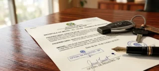 Close-up de documento de matrícula de imóvel e chaves de carro sobre mesa de madeira, representando a verificação jurídica de vagas de garagem.