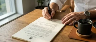 Close-up de mãos assinando documento jurídico sobre mesa de madeira, representando o processo de reconhecimento de herança e direitos sucessórios.