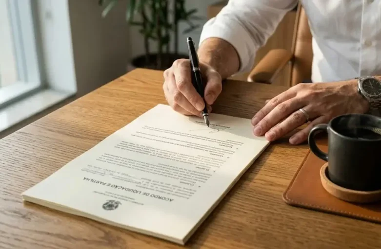 Close-up de mãos assinando documento jurídico sobre mesa de madeira, representando o processo de reconhecimento de herança e direitos sucessórios.