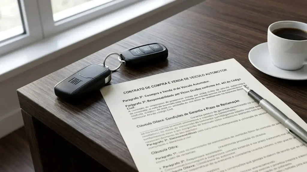 Chave de carro e contrato jurídico sobre mesa de madeira, representando a consultoria legal para veículos com defeito logo após a compra.