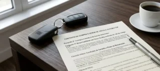 Chave de carro e contrato jurídico sobre mesa de madeira, representando a consultoria legal para veículos com defeito logo após a compra.