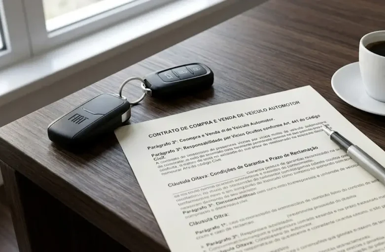 Chave de carro e contrato jurídico sobre mesa de madeira, representando a consultoria legal para veículos com defeito logo após a compra.