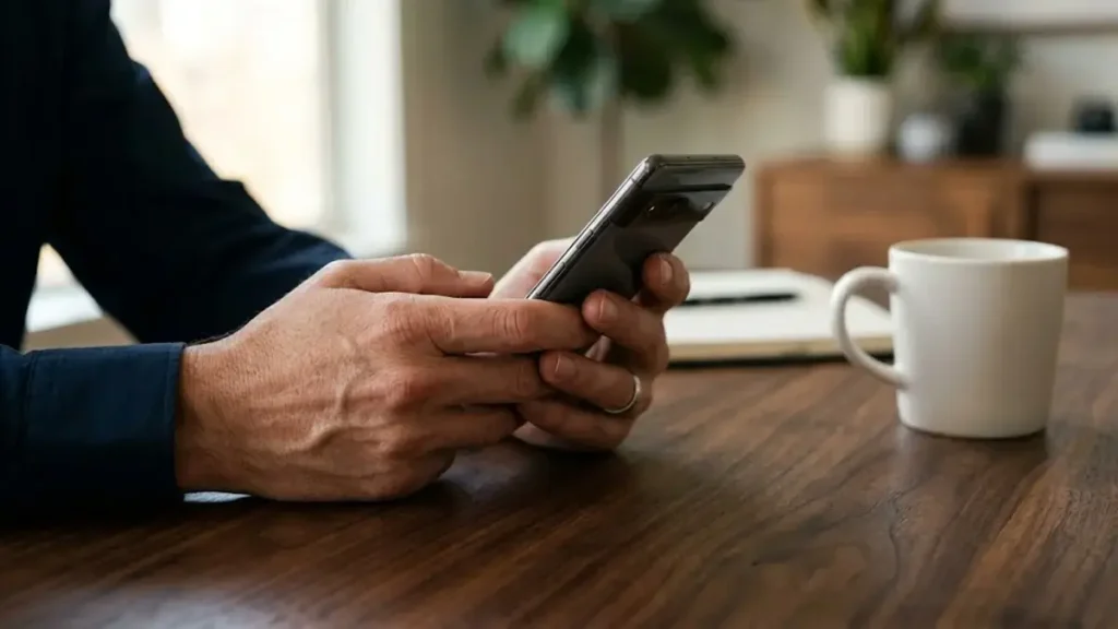 Mãos segurando um celular sobre uma mesa de madeira em um ambiente de escritório, sugerindo a análise de provas de um golpe digital.