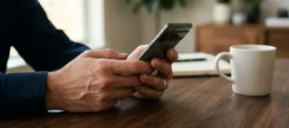 Mãos segurando um celular sobre uma mesa de madeira em um ambiente de escritório, sugerindo a análise de provas de um golpe digital.