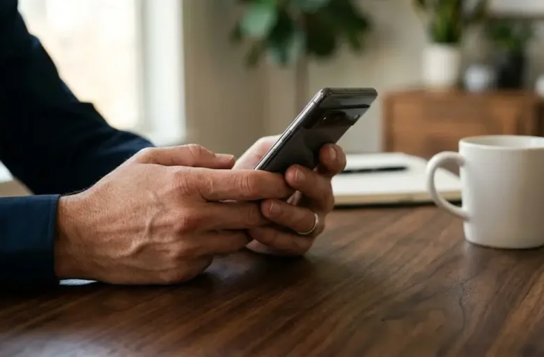 Mãos segurando um celular sobre uma mesa de madeira em um ambiente de escritório, sugerindo a análise de provas de um golpe digital.