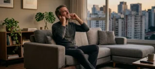 Homem em seu apartamento em São Paulo expressando desconforto com barulho vindo do teto, representando conflito de vizinhança.