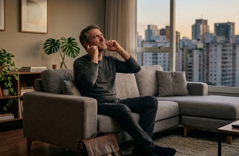 Barulho no Condomínio: O Guia Jurídico para Acionar a Justiça e Garantir o Sossego Homem em seu apartamento em São Paulo expressando desconforto com barulho vindo do teto, representando conflito de vizinhança.