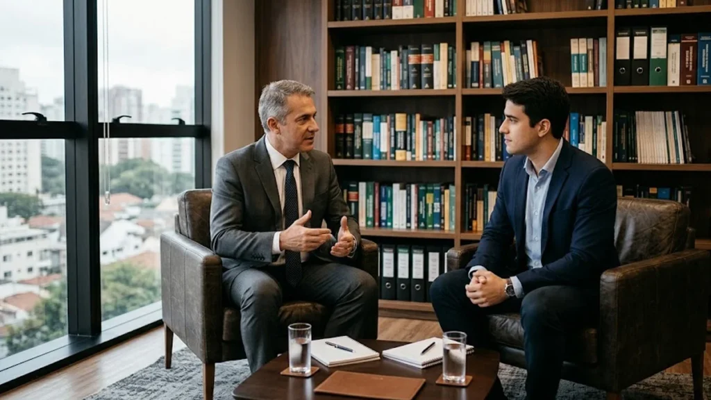 Homem e jovem adulto conversando de forma acolhedora em um ambiente profissional de consultoria jurídica.