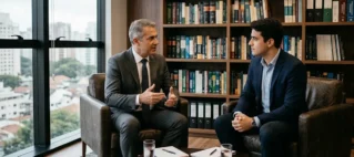 Homem e jovem adulto conversando de forma acolhedora em um ambiente profissional de consultoria jurídica.