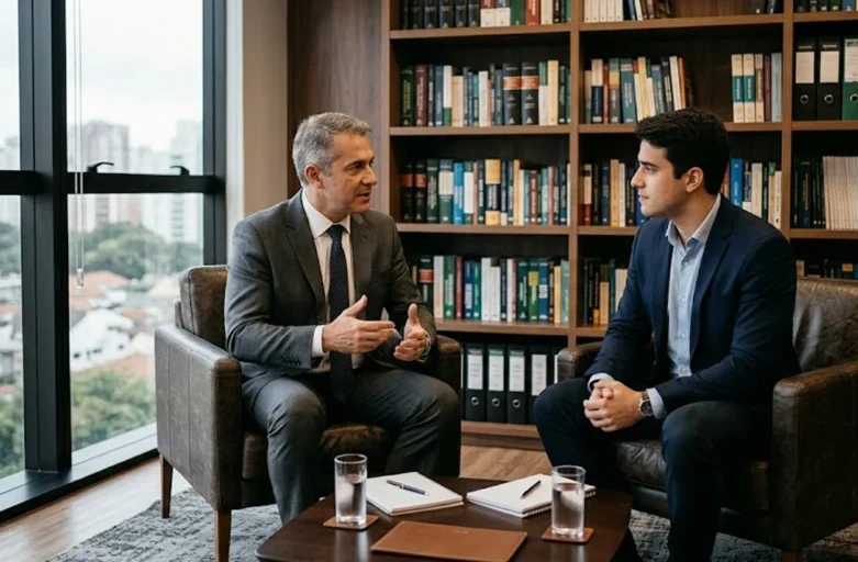 Reconhecimento de Paternidade Tardio: Guia Completo de Direitos e Procedimentos Homem e jovem adulto conversando de forma acolhedora em um ambiente profissional de consultoria jurídica.