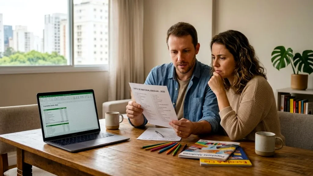 Pai e mãe sentados à mesa analisando uma lista de papel com expressão de dúvida em ambiente doméstico