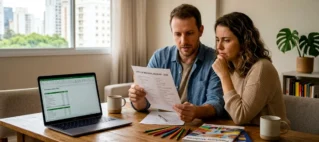 Pai e mãe sentados à mesa analisando uma lista de papel com expressão de dúvida em ambiente doméstico