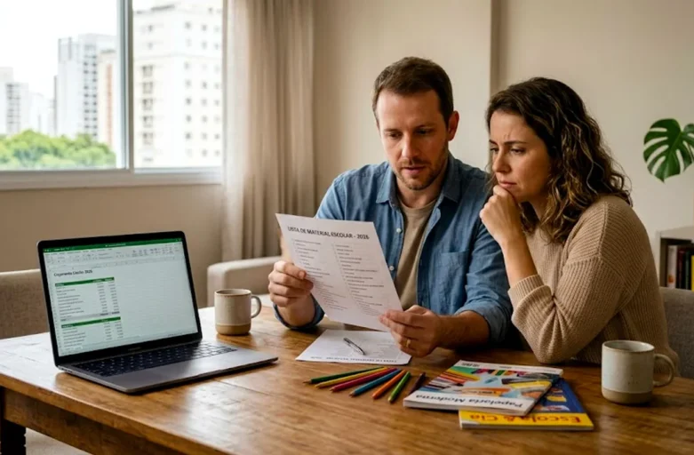 Lista de Material Escolar: O que a Escola NÃO Pode Exigir Pai e mãe sentados à mesa analisando uma lista de papel com expressão de dúvida em ambiente doméstico