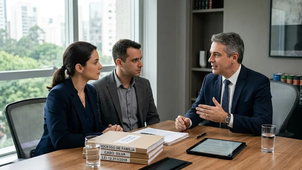 Advogado conversa de forma acolhedora com um pai e uma mãe em um escritório de advocacia sóbrio.