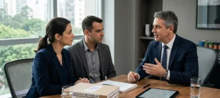 Advogado conversa de forma acolhedora com um pai e uma mãe em um escritório de advocacia sóbrio.