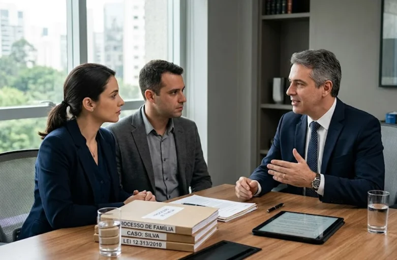 Advogado conversa de forma acolhedora com um pai e uma mãe em um escritório de advocacia sóbrio.