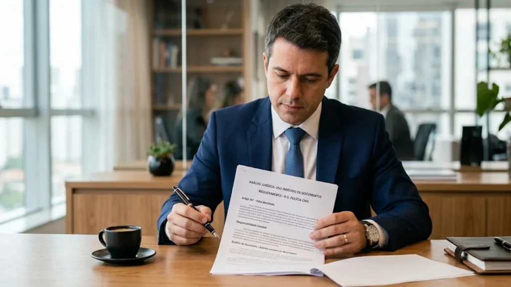Advogado em seu escritório, segurando um documento jurídico sobre roubo de identidade, analisando como lidar com fraudes de documentos perdidos.
