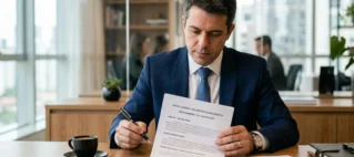 Advogado em seu escritório, segurando um documento jurídico sobre roubo de identidade, analisando como lidar com fraudes de documentos perdidos.