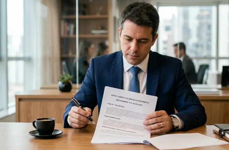 Advogado em seu escritório, segurando um documento jurídico sobre roubo de identidade, analisando como lidar com fraudes de documentos perdidos.