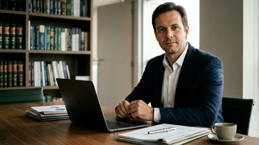 Pessoa em um escritório organizado analisando documentos financeiros e comprovantes para a declaração de imposto de renda.