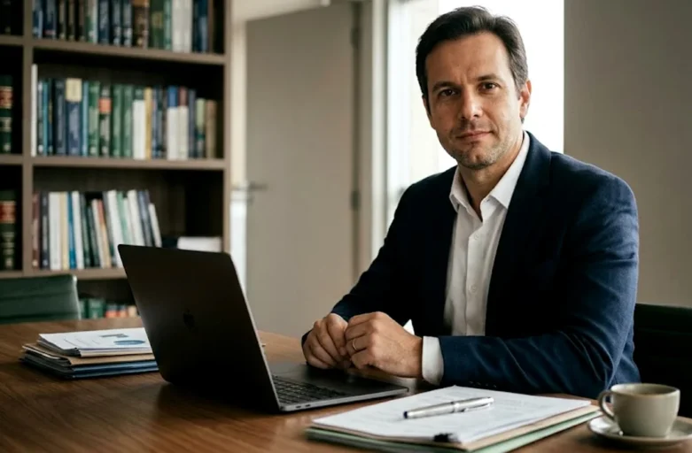 Pessoa em um escritório organizado analisando documentos financeiros e comprovantes para a declaração de imposto de renda.