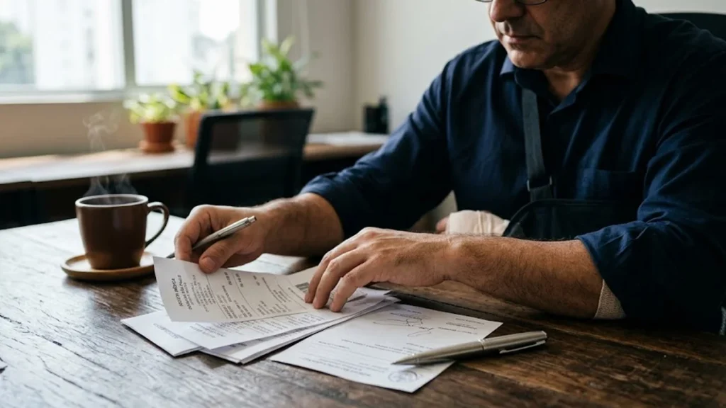 Pessoa organizando notas fiscais e receitas médicas sobre uma mesa para solicitar reembolso de tratamento após acidente de trabalho.