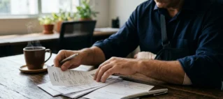 Pessoa organizando notas fiscais e receitas médicas sobre uma mesa para solicitar reembolso de tratamento após acidente de trabalho.