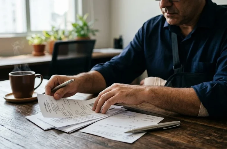 Pessoa organizando notas fiscais e receitas médicas sobre uma mesa para solicitar reembolso de tratamento após acidente de trabalho.