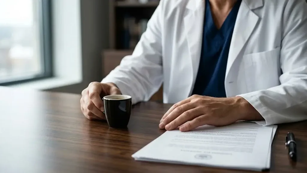 Close de mãos de médico sobre mesa de madeira discutindo documentos jurídicos sobre segurança no trabalho.