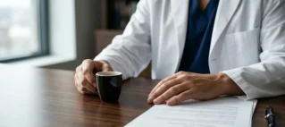 Close de mãos de médico sobre mesa de madeira discutindo documentos jurídicos sobre segurança no trabalho.