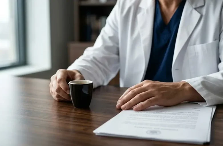 Close de mãos de médico sobre mesa de madeira discutindo documentos jurídicos sobre segurança no trabalho.
