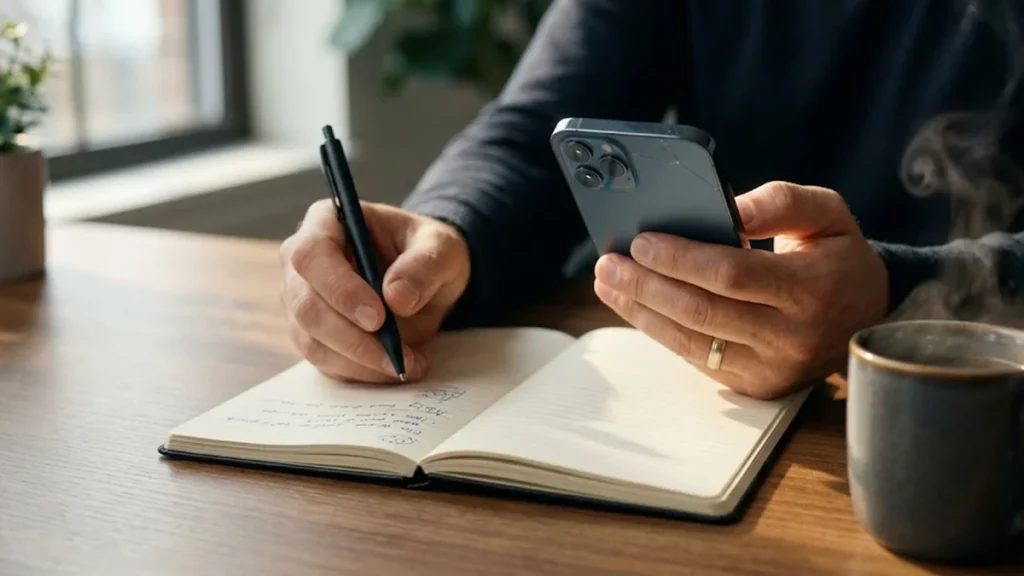 Close-up de mãos manuseando um celular e uma caneta sobre uma mesa de madeira em ambiente de escritório iluminado.